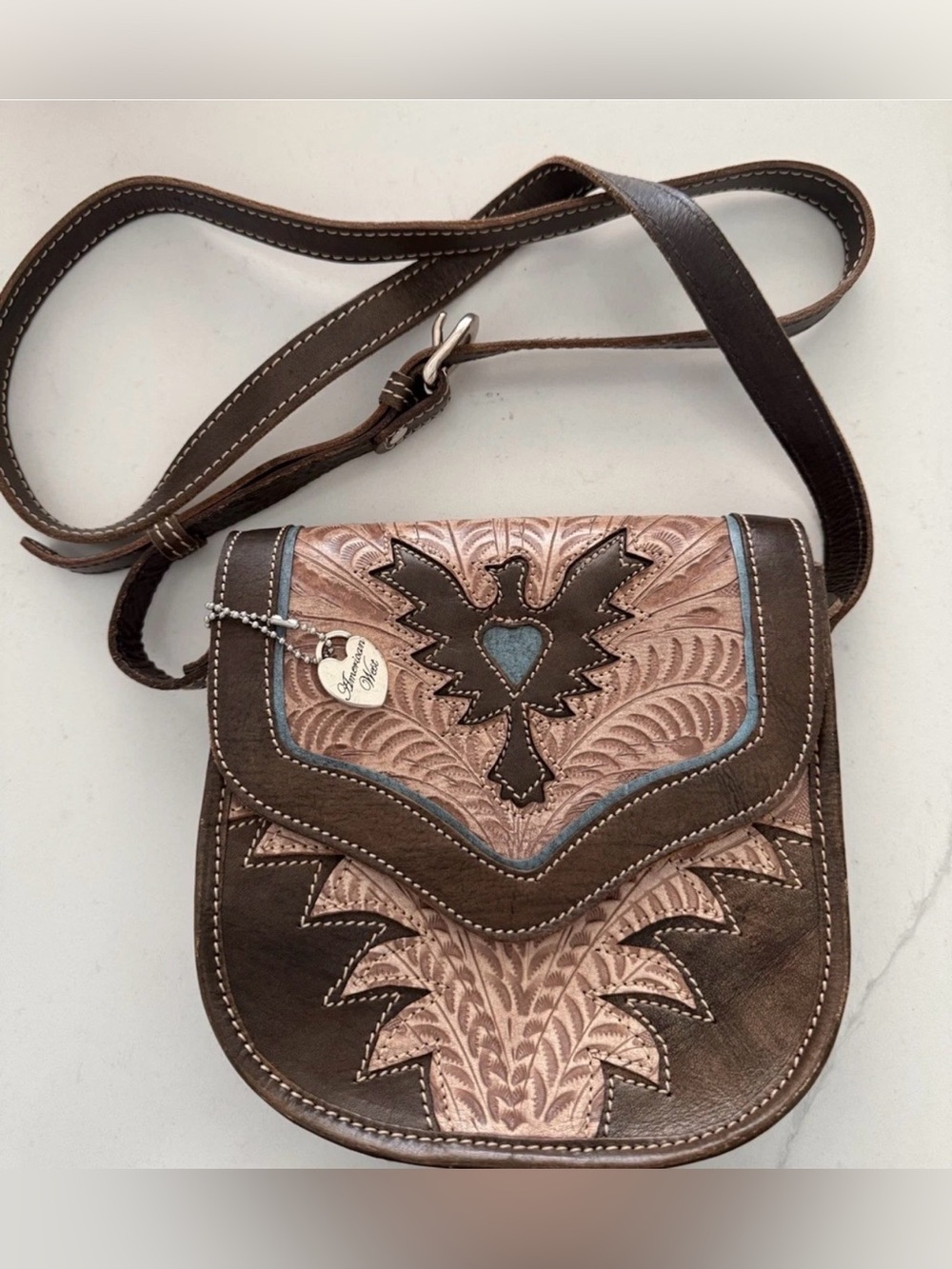 American West Leather Crossbody Bag Tooled Eagle Heart Western Purse Brown